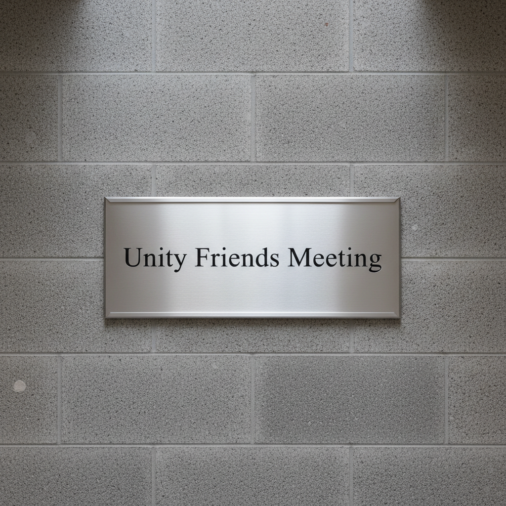 A luminous, polished metal plaque engraved with the words 'Unity Friends Meeting' in refined sans-serif lettering is mounted on a cool, stone feature wall. The plaque's brushed silver surface gently reflects soft, diffuse natural light filtering from above, producing elegant highlights and understated glimmers on its edges. Around the plaque, the wall's neutral gray tones and neat, linear stonework create a quiet, respectful environment. Photographed straight-on with a symmetrical, centered composition and crisp focus, the mood is formal yet inviting, perfectly aligned with the professionalism and welcoming presence associated with this nonprofit Quaker community. The overall style is photographic, structured, and corporate.
