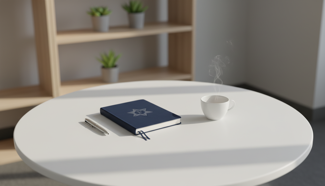 A round, meticulously arranged table with a pristine matte-white surface, upon which sits a closed, deep-navy hardcover notebook stamped with a subtle, silver Quaker emblem. The background is a softly blurred outline of minimalist shelving and carefully placed potted succulents, all set within a thoughtfully structured, neutral-toned meeting area. Gentle afternoon light filters in, washing the scene in quiet, even illumination and creating minimal but distinct shadows. Shot from a slightly overhead angle with a shallow depth of field, the image projects order, preparation, and reflective peace. The clean, photographic realism and uncluttered layout reinforce the sense of professional readiness central to a Friends Meeting.